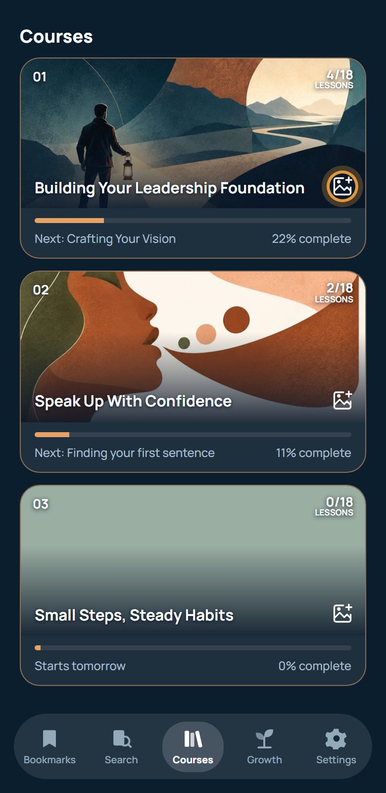EVOLVE37 courses screen with example content